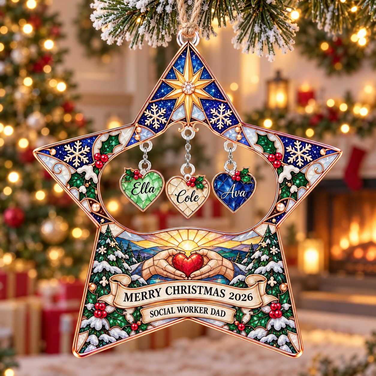 Stained-glass acrylic Christmas ornament with "SOCIAL WORKER DAD" and personalised name charms