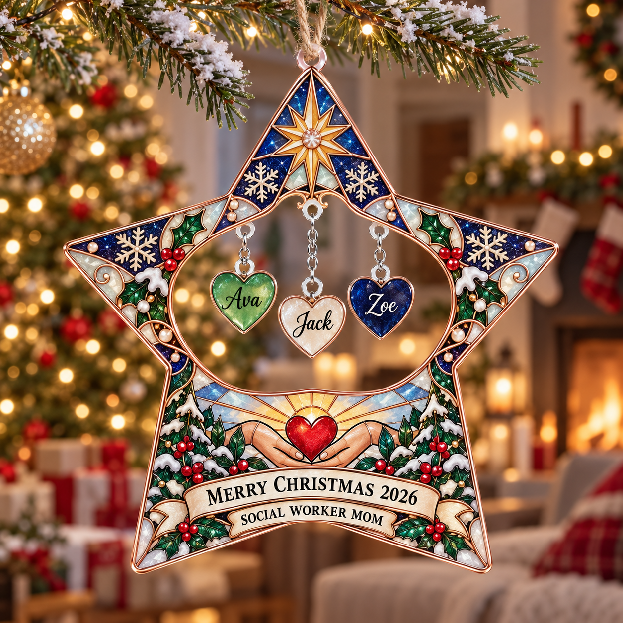 Stained-glass acrylic Christmas ornament with "SOCIAL WORKER MOM" and personalised name charms
