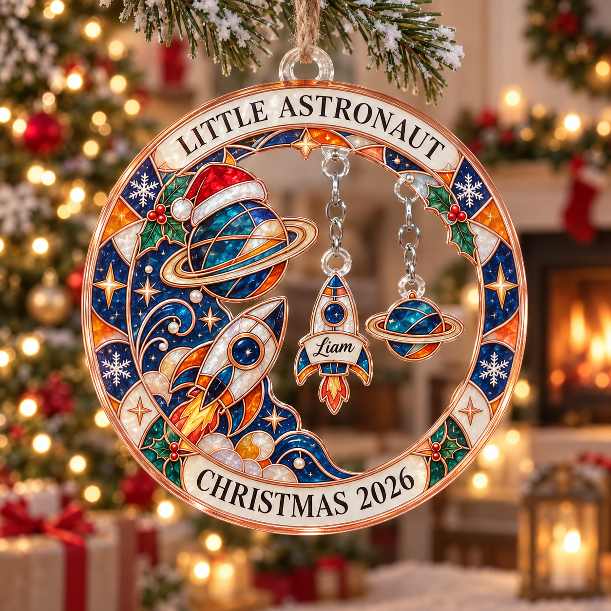 Stained-glass acrylic Christmas ornament with "LITTLE ASTRONAUT" and personalised name charms