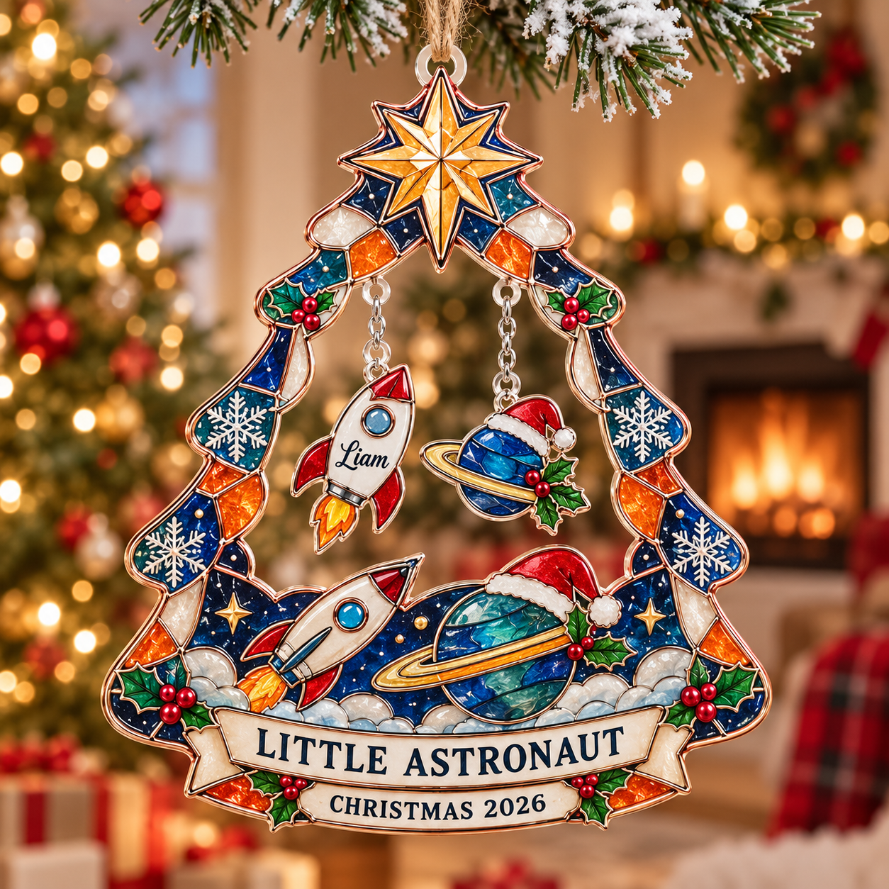 Stained-glass acrylic Christmas ornament with "LITTLE ASTRONAUT" and personalised name charms