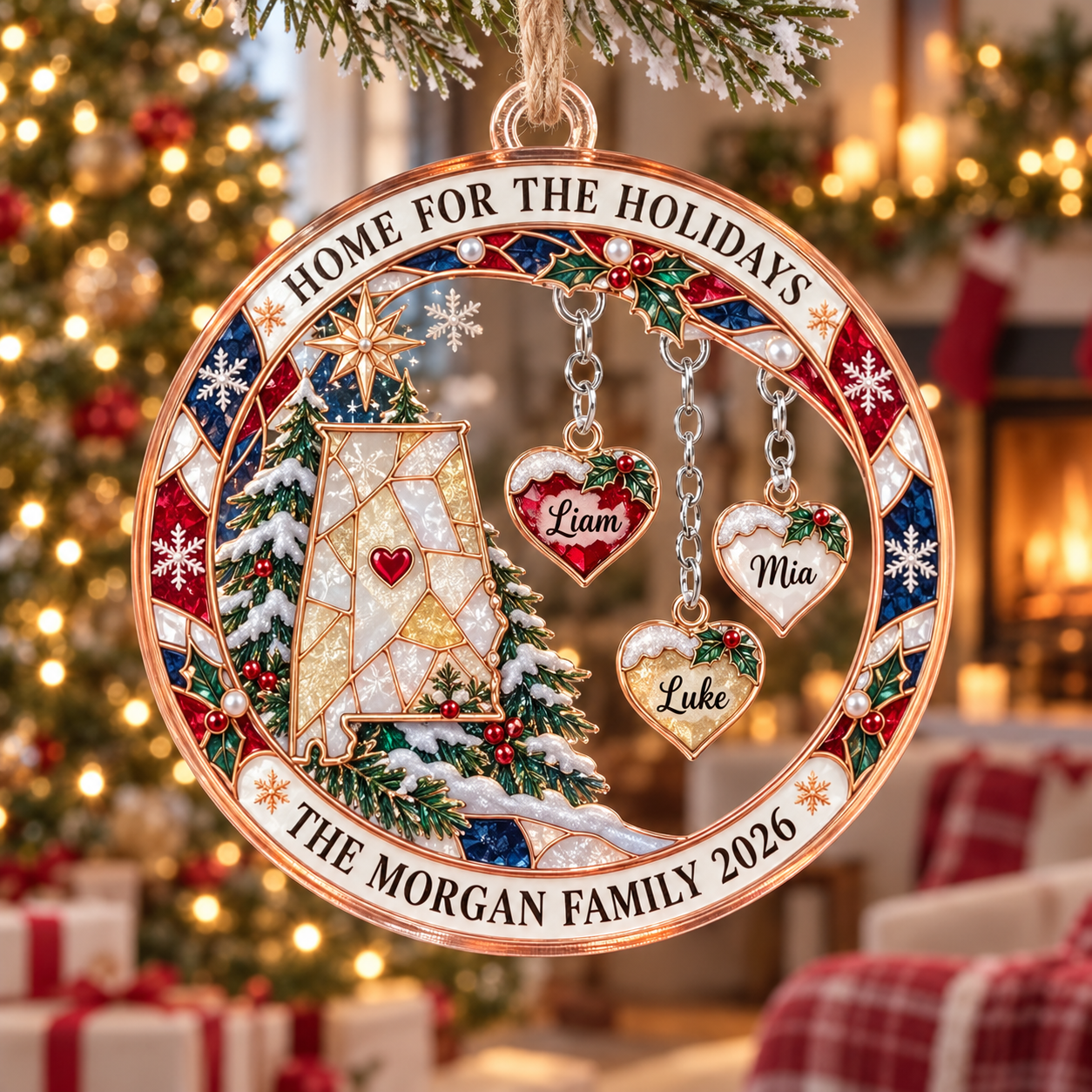 Stained-glass acrylic Christmas ornament with "HOME FOR THE HOLIDAYS" and personalised name charms