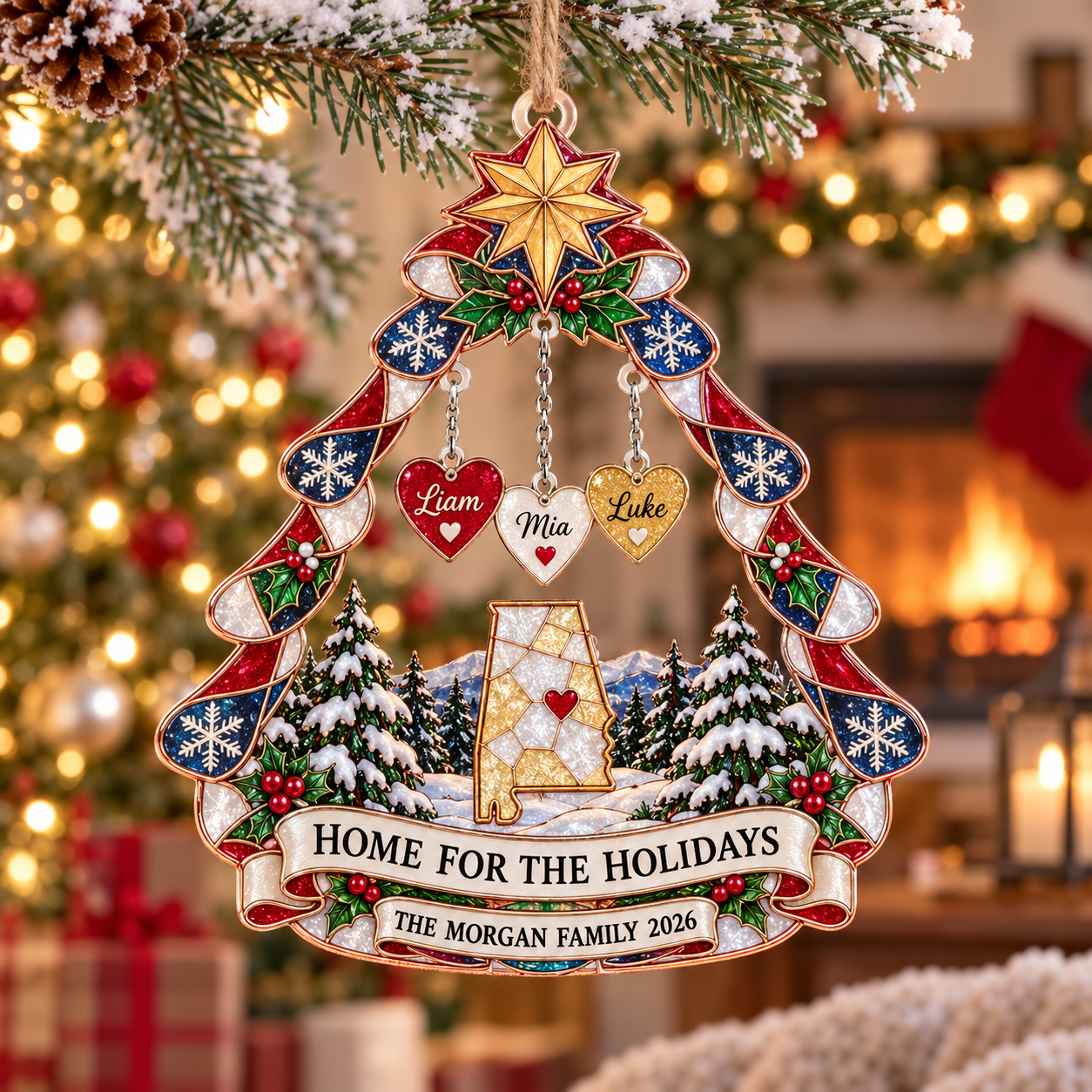 Stained-glass acrylic Christmas ornament with "HOME FOR THE HOLIDAYS" and personalised name charms