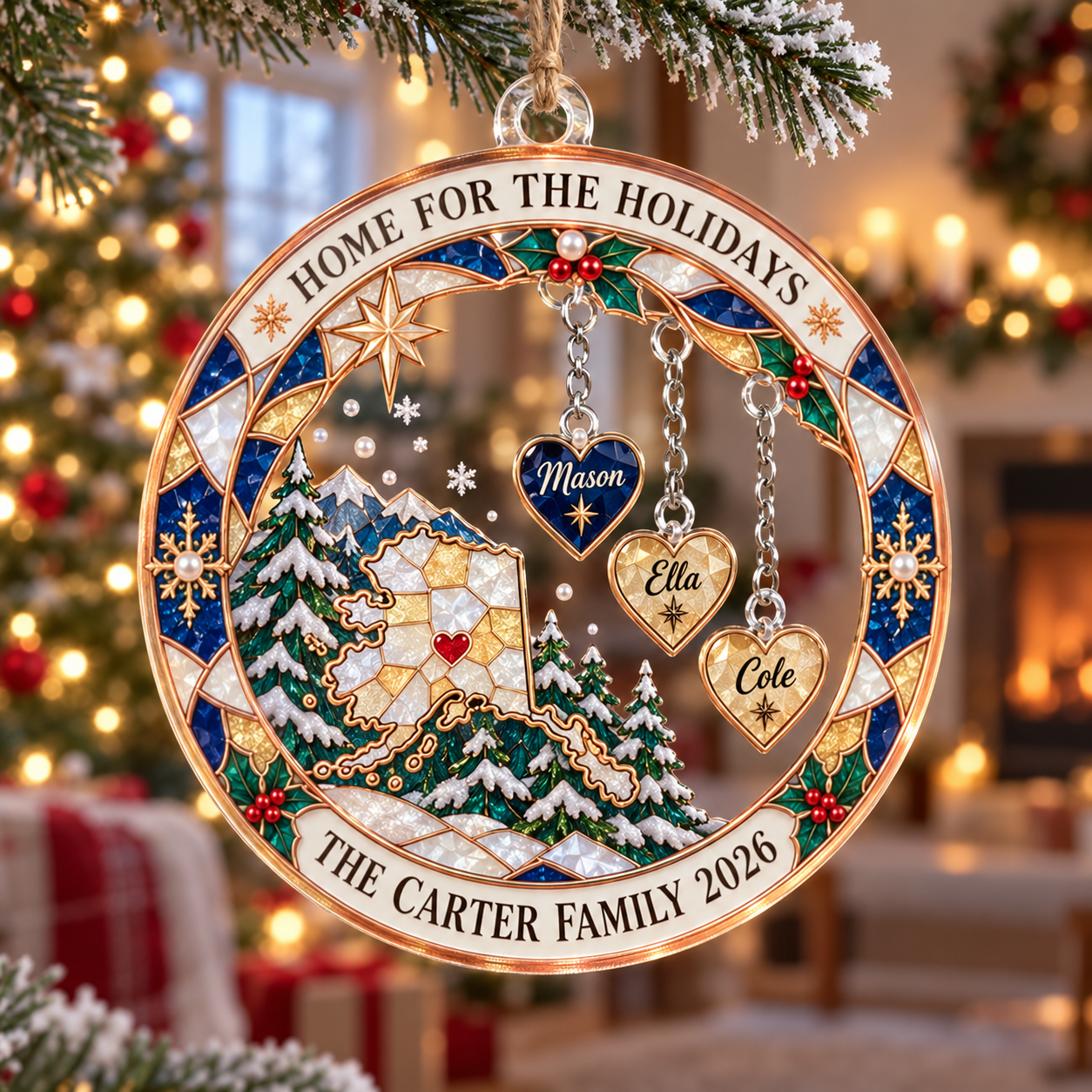 Stained-glass acrylic Christmas ornament with "HOME FOR THE HOLIDAYS" and personalised name charms