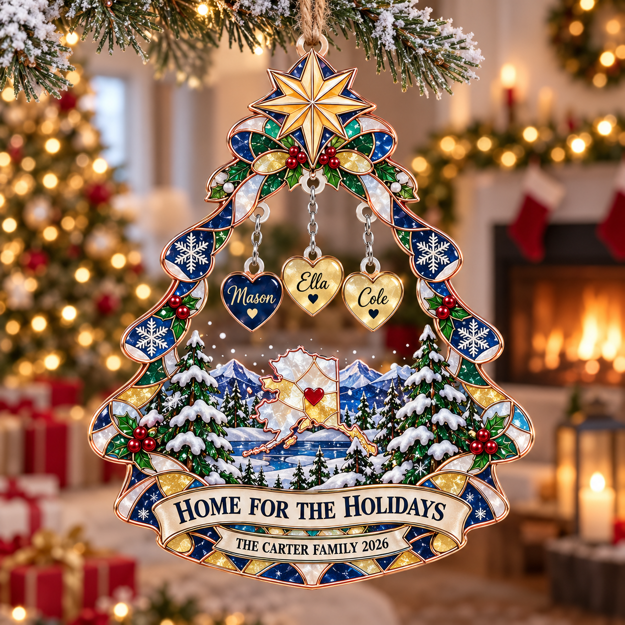 Stained-glass acrylic Christmas ornament with "HOME FOR THE HOLIDAYS" and personalised name charms