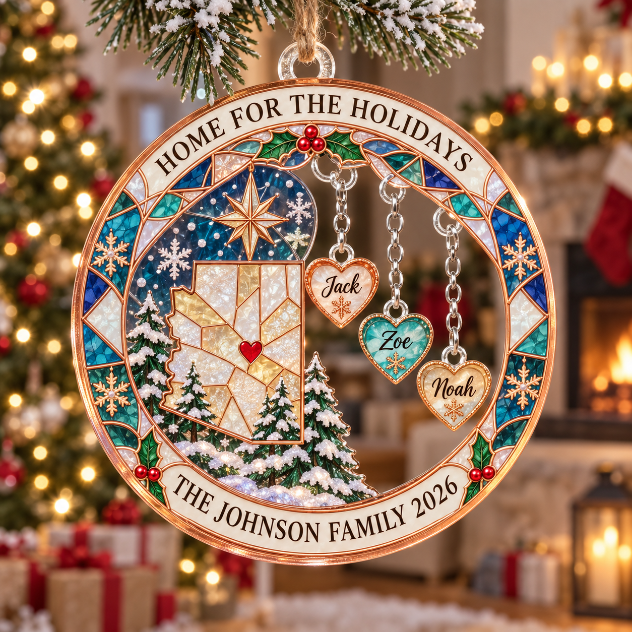 Stained-glass acrylic Christmas ornament with "HOME FOR THE HOLIDAYS" and personalised name charms