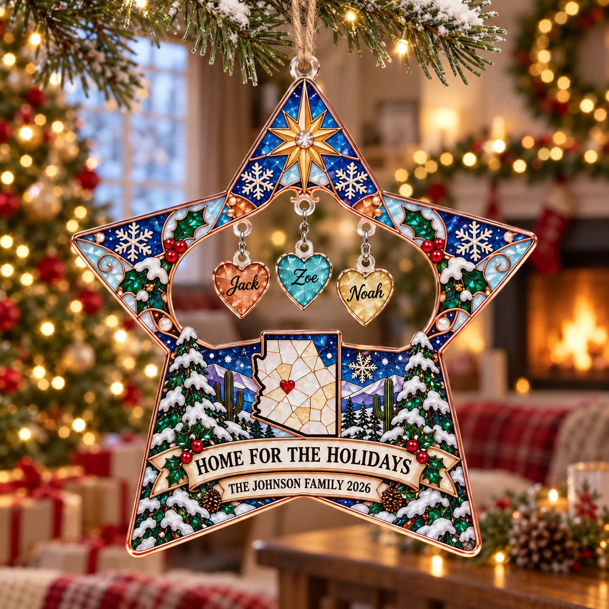 Stained-glass acrylic Christmas ornament with "HOME FOR THE HOLIDAYS" and personalised name charms