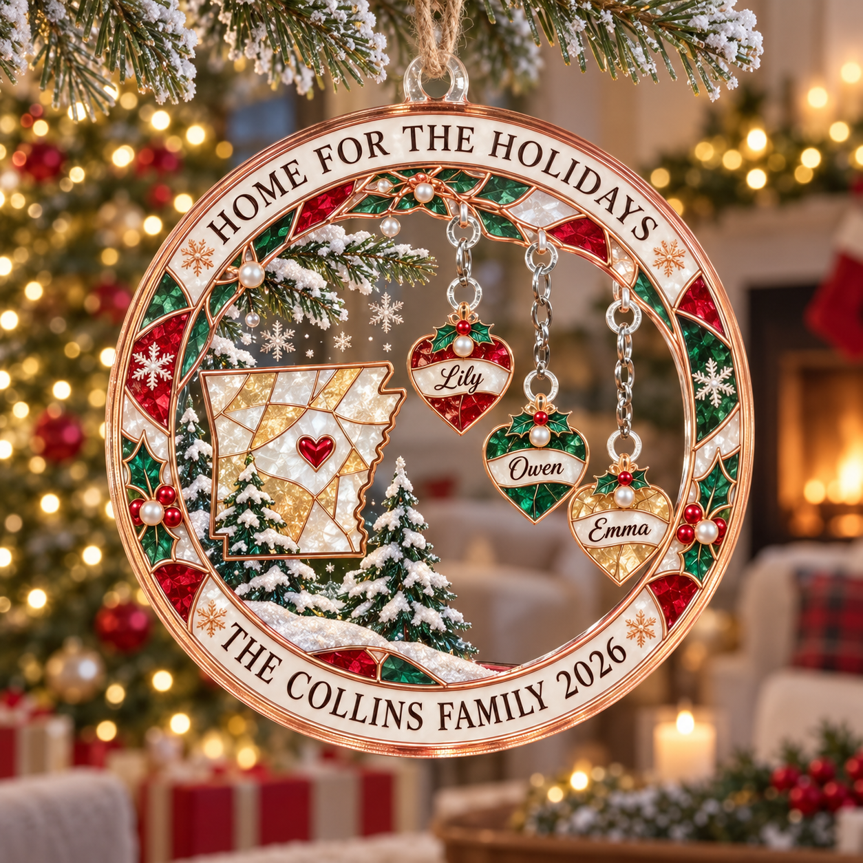 Stained-glass acrylic Christmas ornament with "HOME FOR THE HOLIDAYS" and personalised name charms