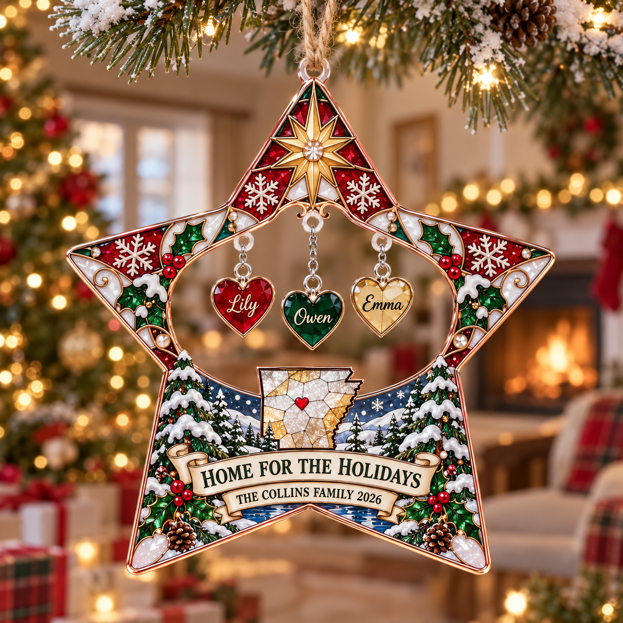 Stained-glass acrylic Christmas ornament with "HOME FOR THE HOLIDAYS" and personalised name charms
