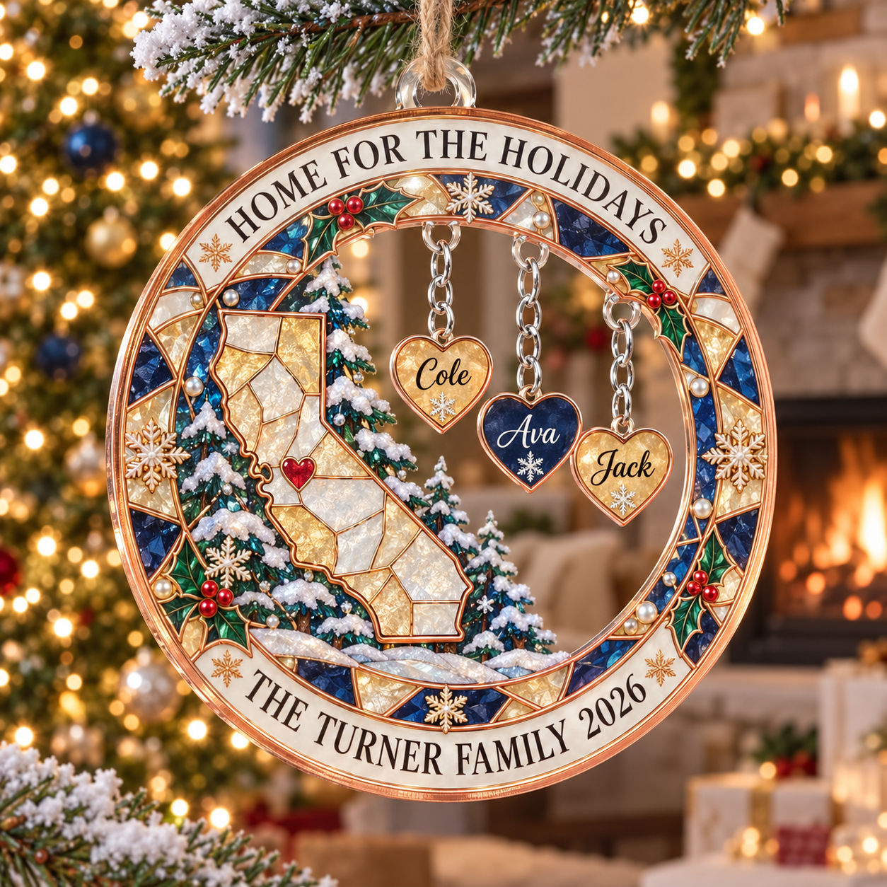 Stained-glass acrylic Christmas ornament with "HOME FOR THE HOLIDAYS" and personalised name charms