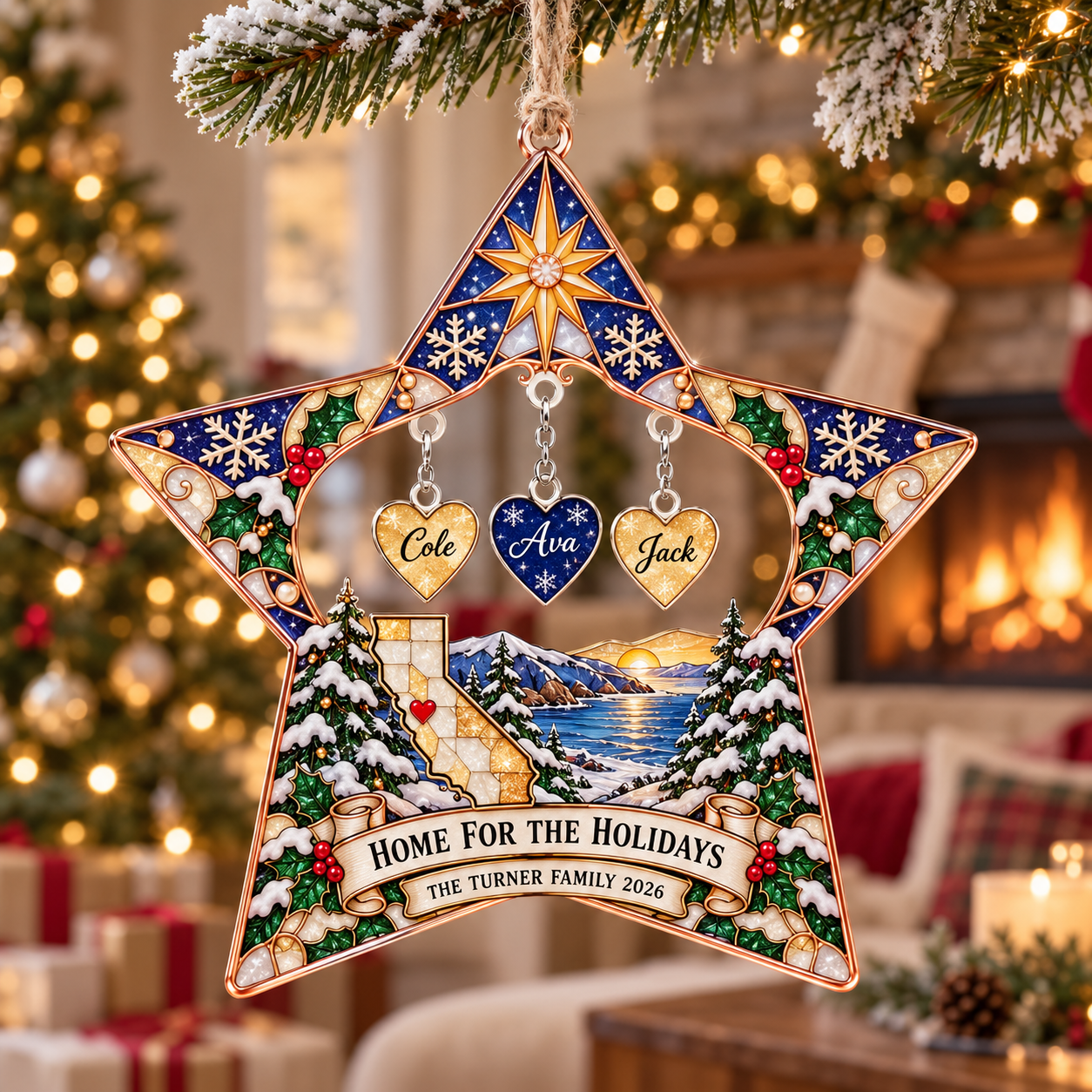 Stained-glass acrylic Christmas ornament with "HOME FOR THE HOLIDAYS" and personalised name charms