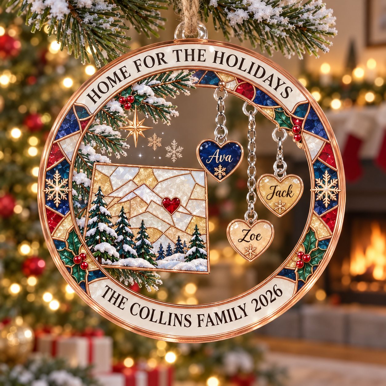 Stained-glass acrylic Christmas ornament with "HOME FOR THE HOLIDAYS" and personalised name charms
