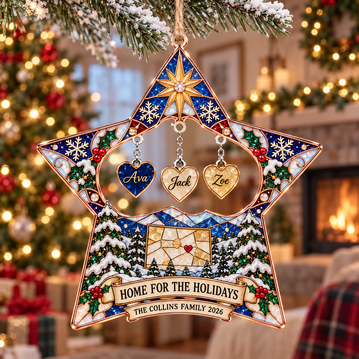 Stained-glass acrylic Christmas ornament with "HOME FOR THE HOLIDAYS" and personalised name charms