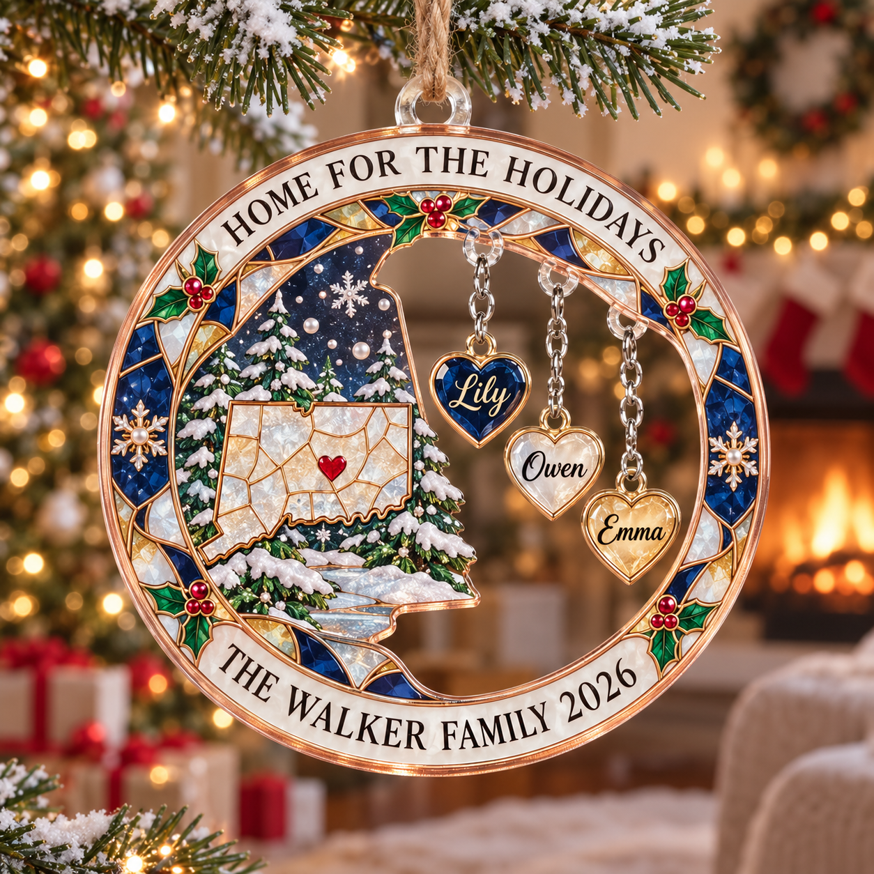Stained-glass acrylic Christmas ornament with "HOME FOR THE HOLIDAYS" and personalised name charms
