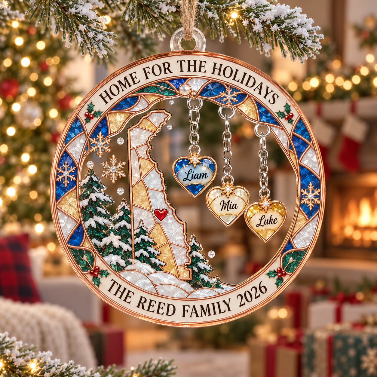 Stained-glass acrylic Christmas ornament with "HOME FOR THE HOLIDAYS" and personalised name charms