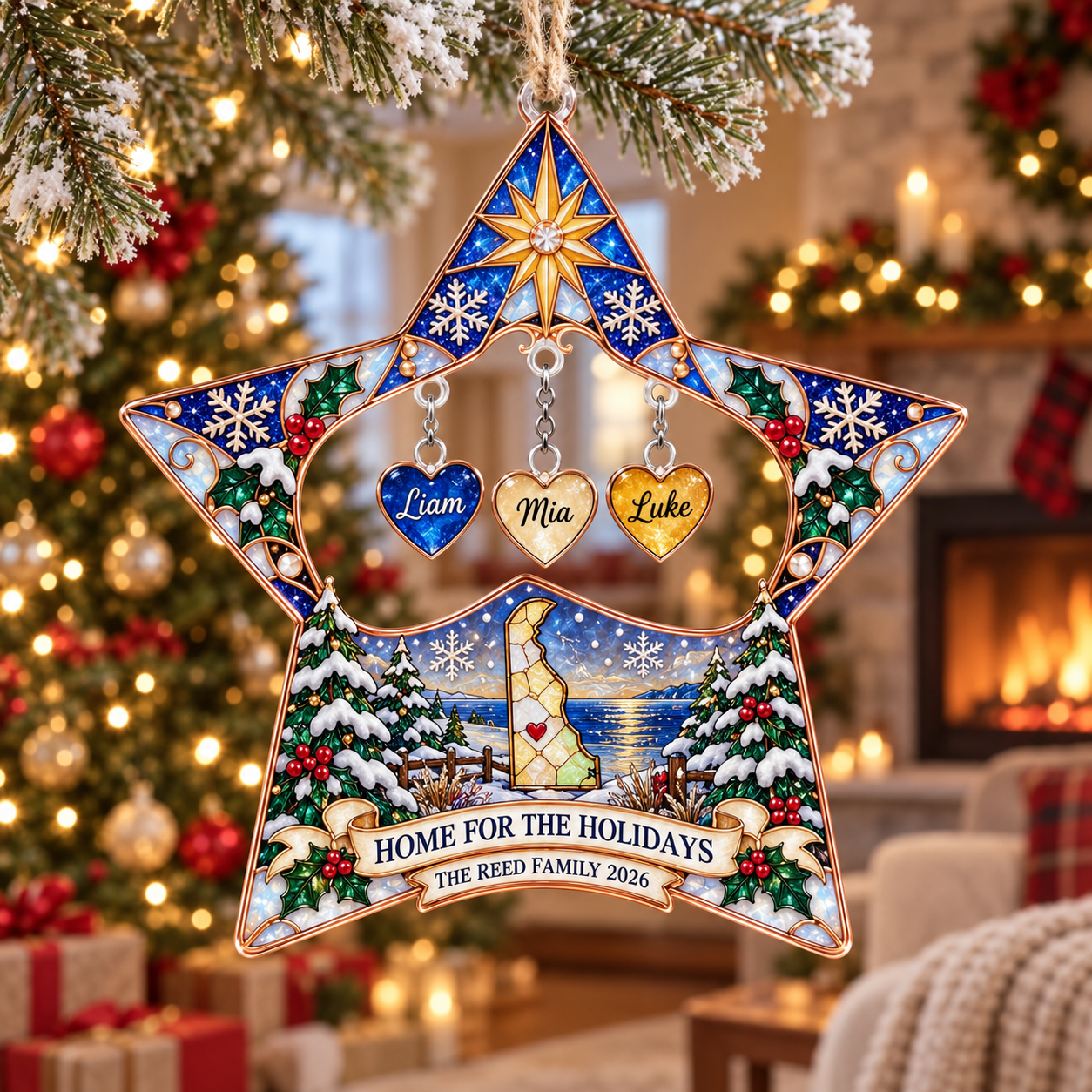 Stained-glass acrylic Christmas ornament with "HOME FOR THE HOLIDAYS" and personalised name charms