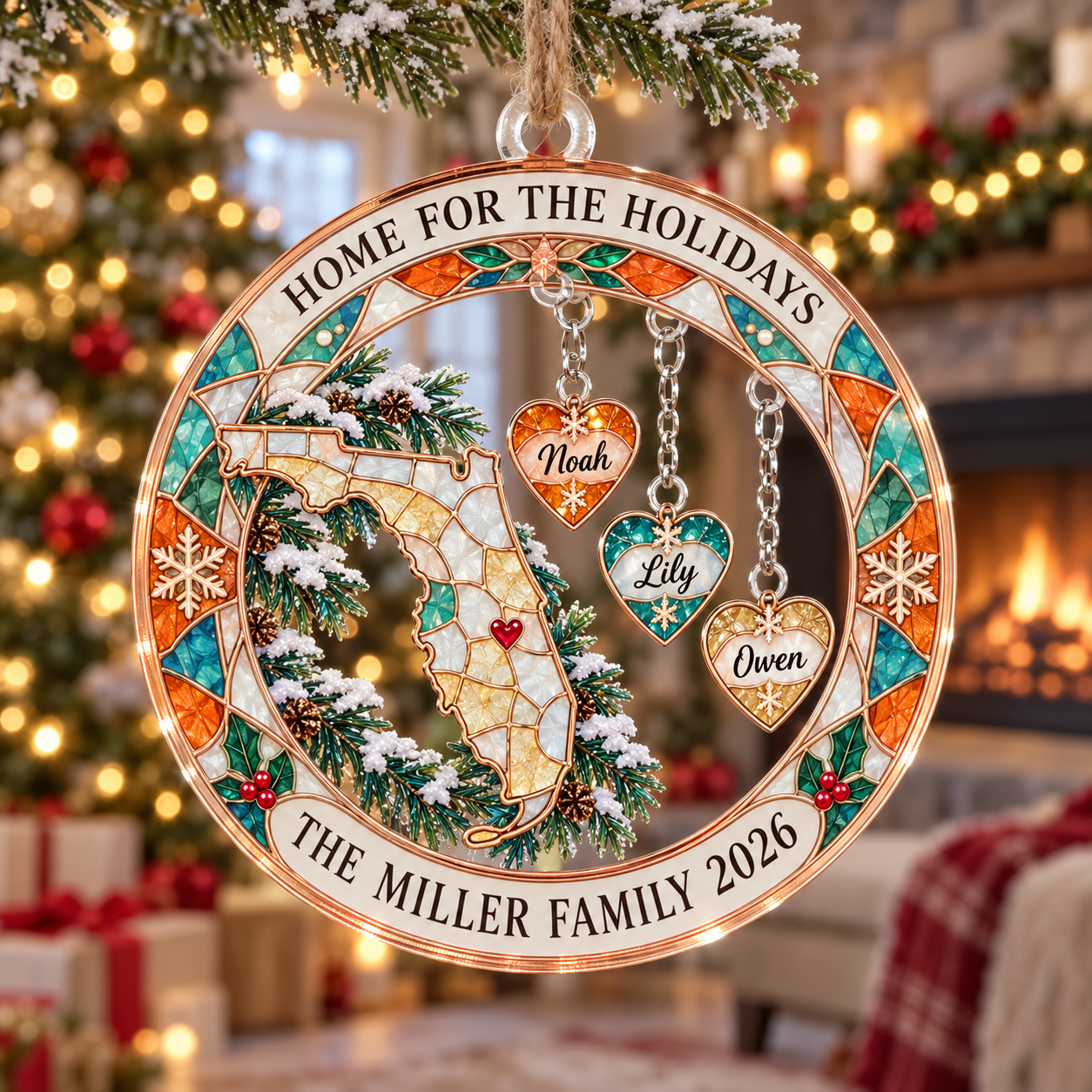 Stained-glass acrylic Christmas ornament with "HOME FOR THE HOLIDAYS" and personalised name charms