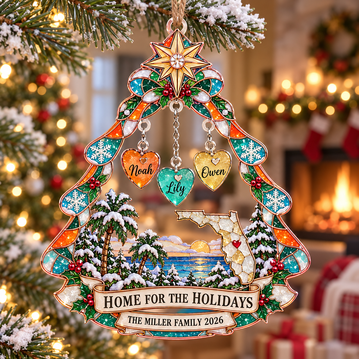 Stained-glass acrylic Christmas ornament with "HOME FOR THE HOLIDAYS" and personalised name charms