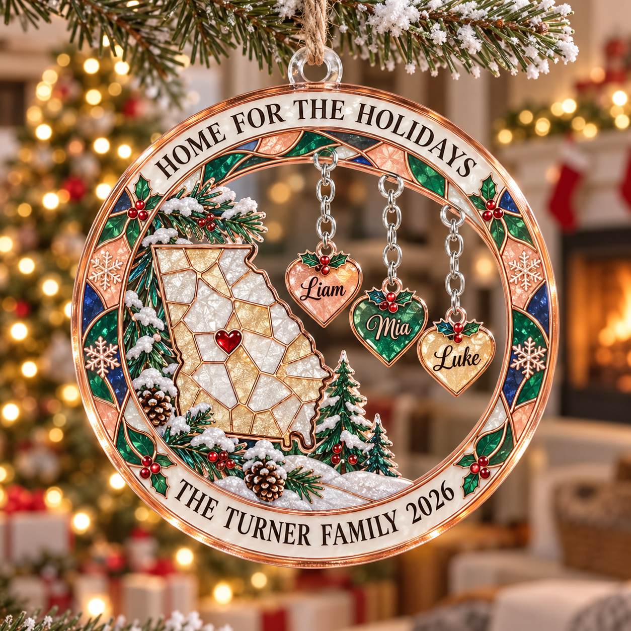Stained-glass acrylic Christmas ornament with "HOME FOR THE HOLIDAYS" and personalised name charms