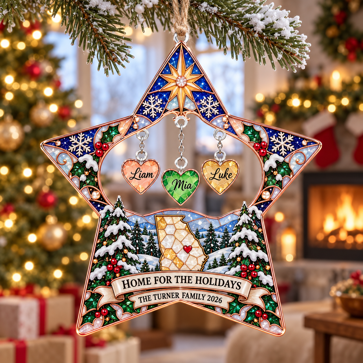Stained-glass acrylic Christmas ornament with "HOME FOR THE HOLIDAYS" and personalised name charms