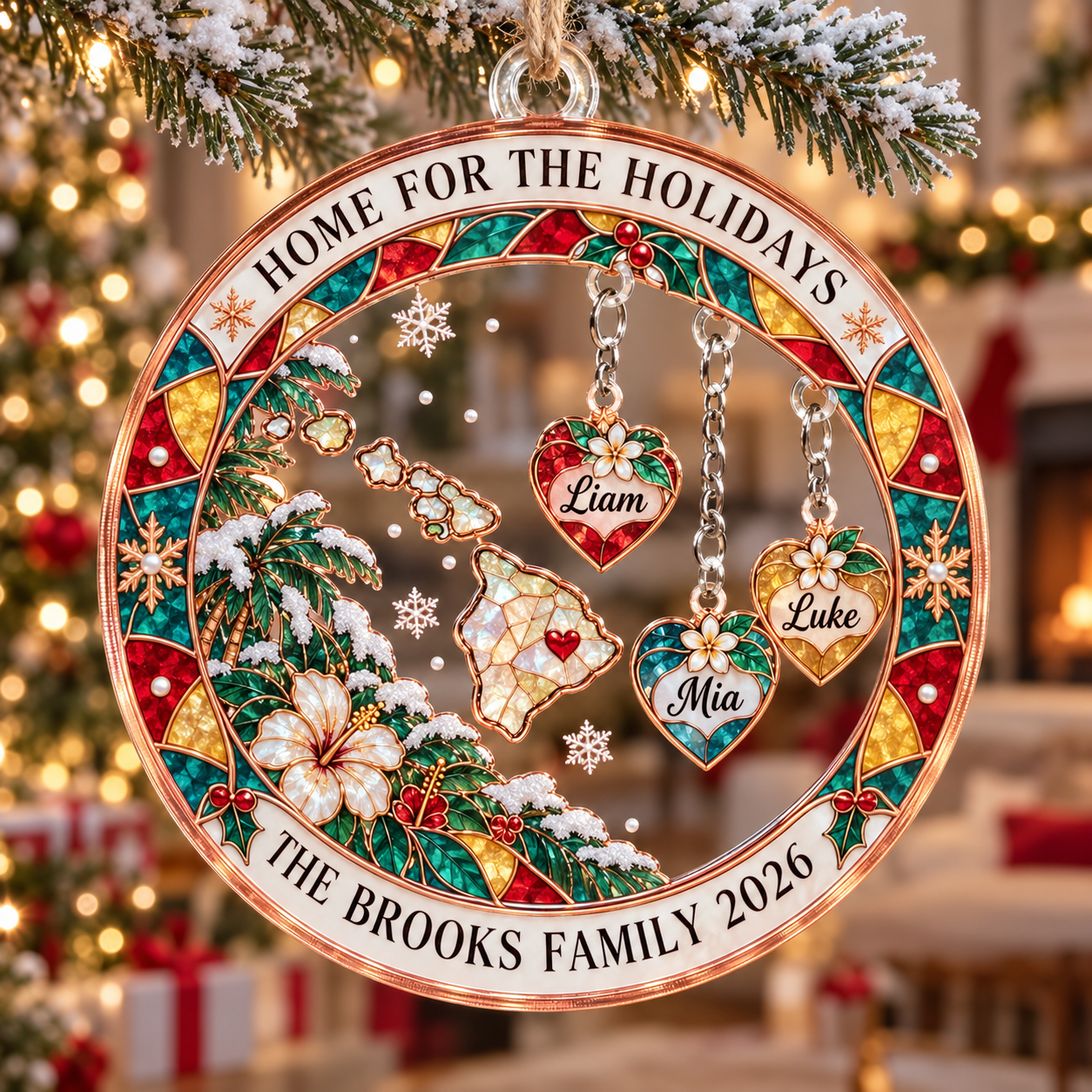 Stained-glass acrylic Christmas ornament with "HOME FOR THE HOLIDAYS" and personalised name charms