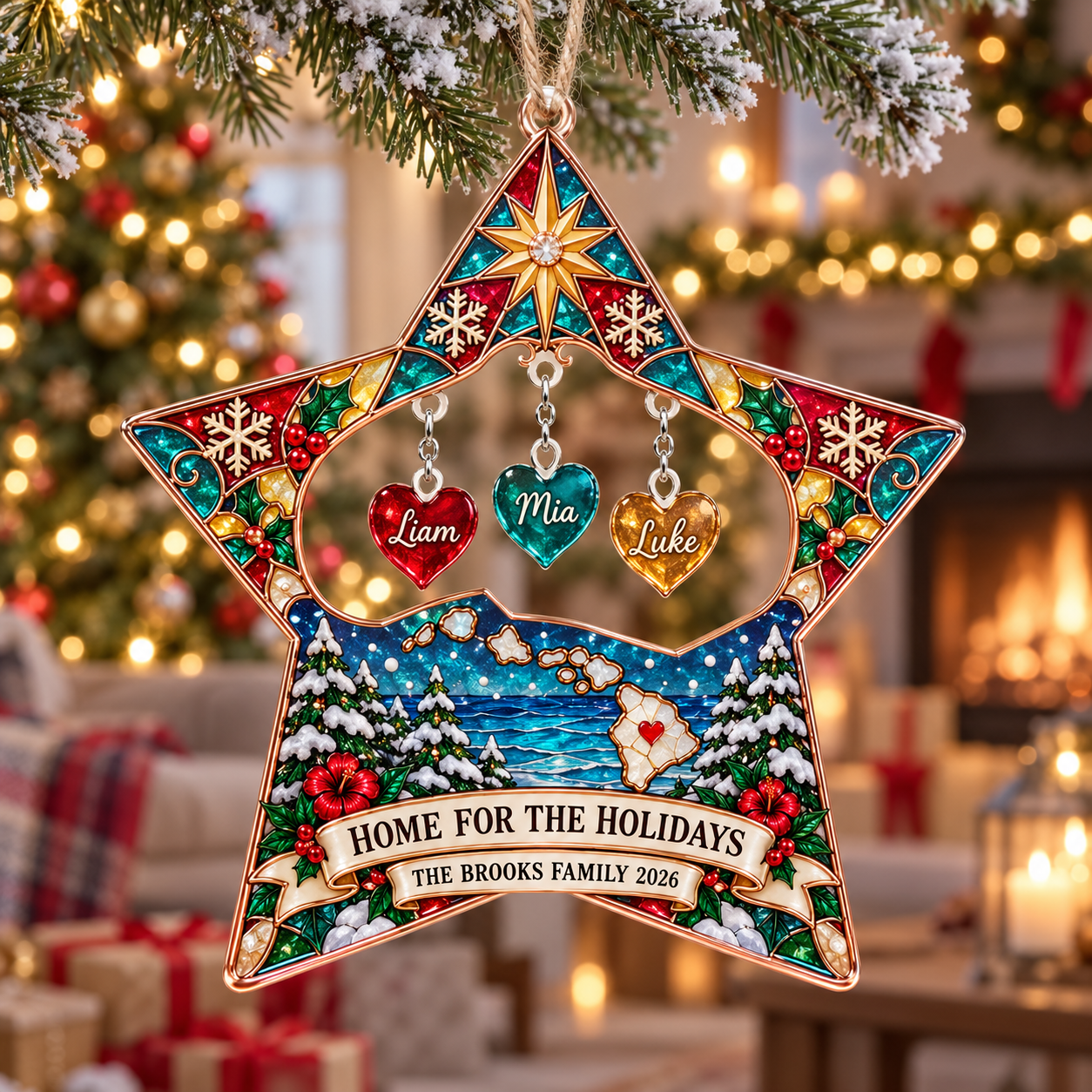 Stained-glass acrylic Christmas ornament with "HOME FOR THE HOLIDAYS" and personalised name charms