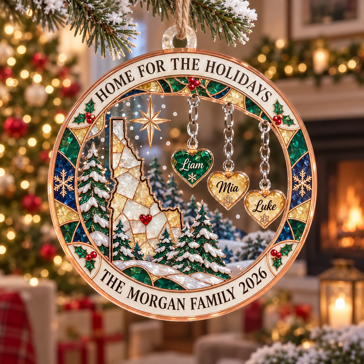 Stained-glass acrylic Christmas ornament with "HOME FOR THE HOLIDAYS" and personalised name charms