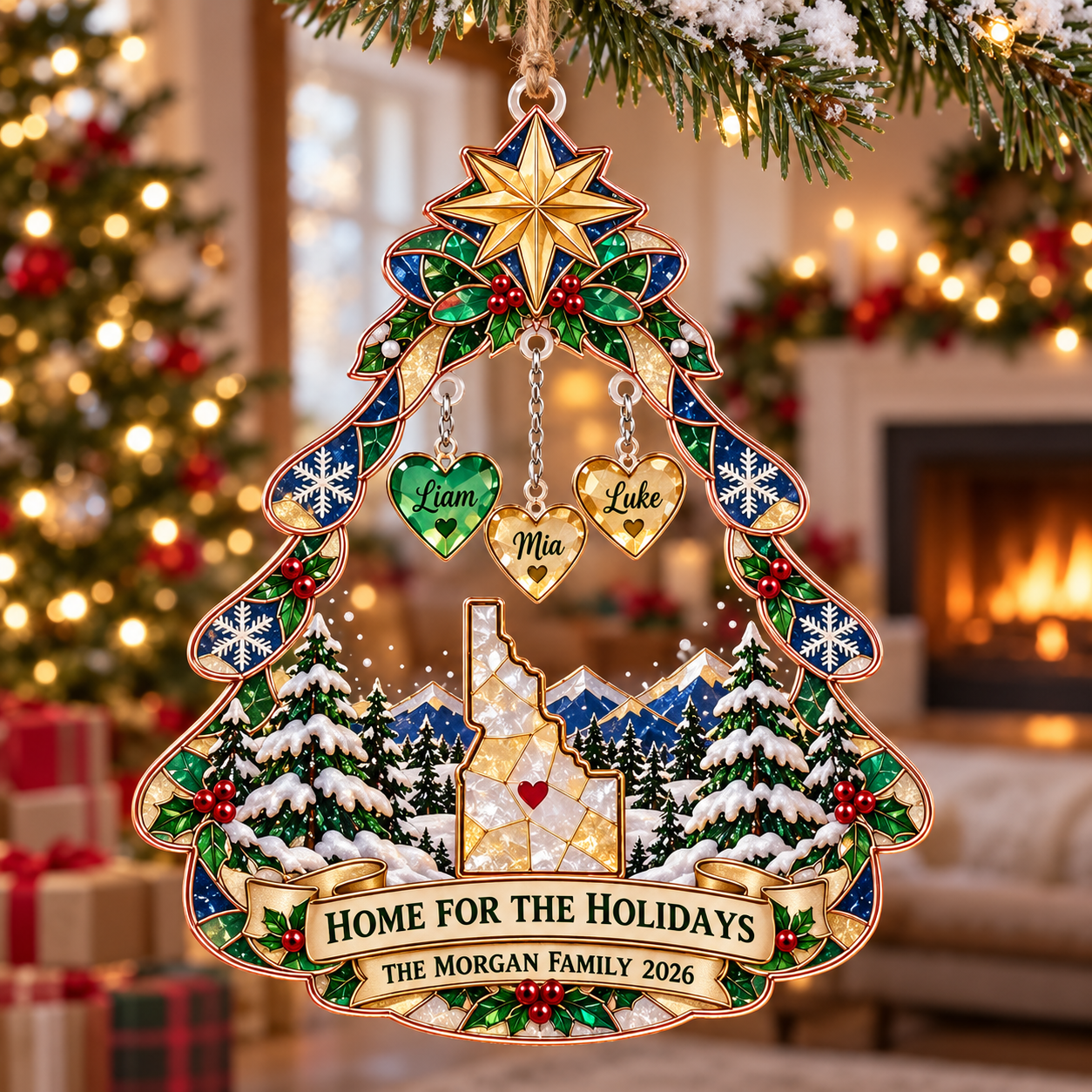Stained-glass acrylic Christmas ornament with "HOME FOR THE HOLIDAYS" and personalised name charms