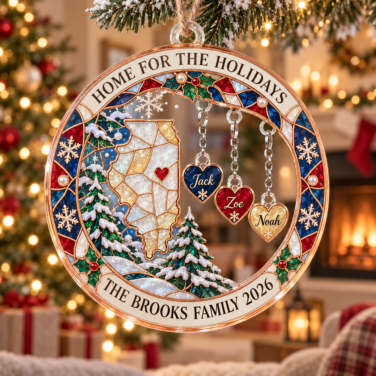 Stained-glass acrylic Christmas ornament with "HOME FOR THE HOLIDAYS" and personalised name charms