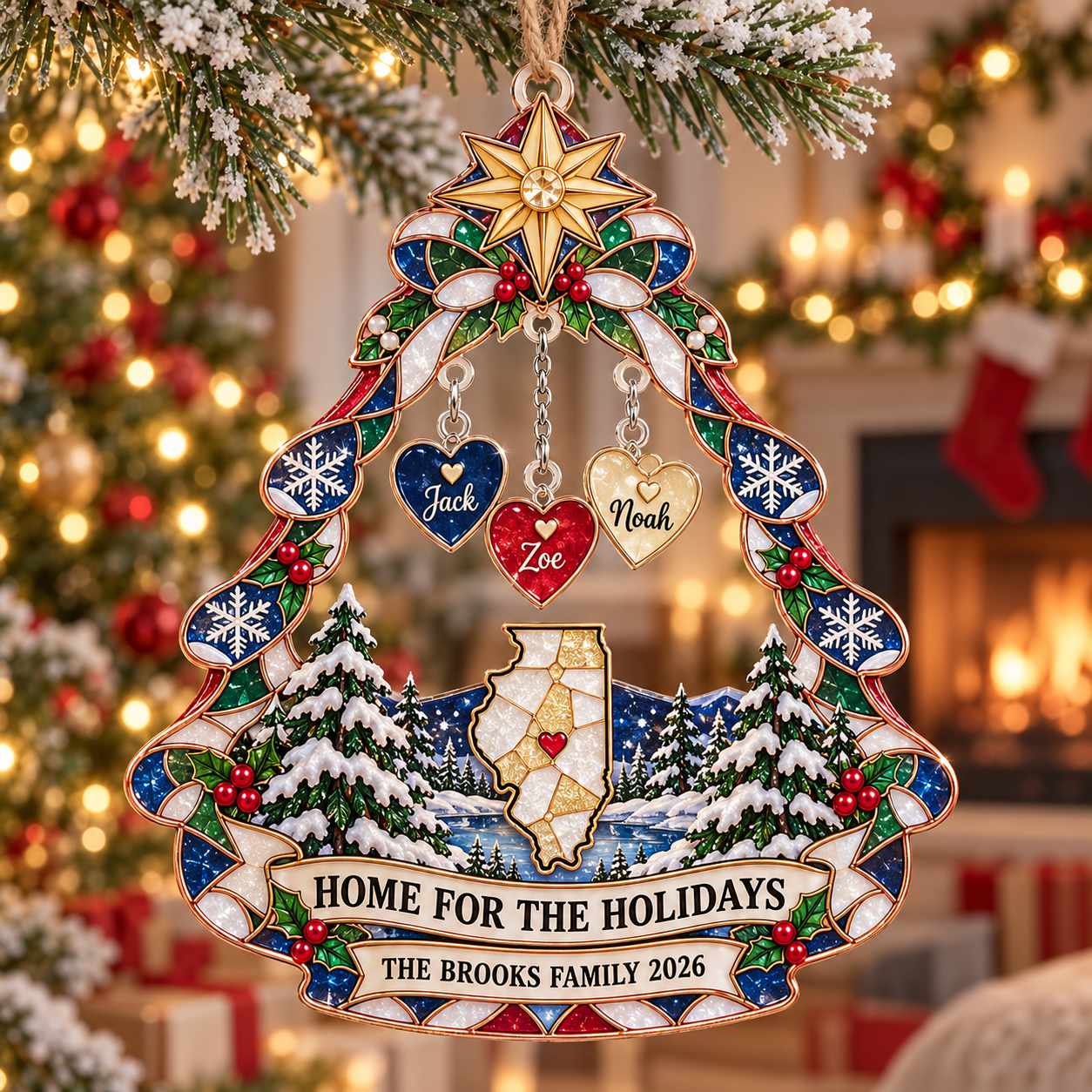 Stained-glass acrylic Christmas ornament with "HOME FOR THE HOLIDAYS" and personalised name charms