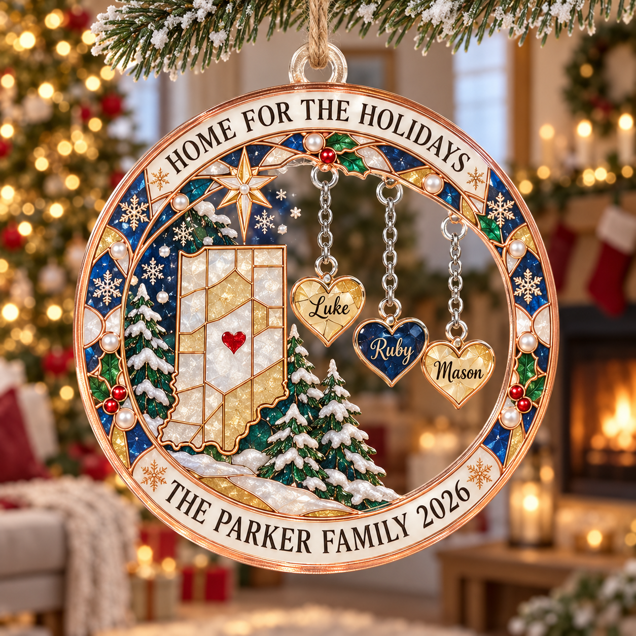 Stained-glass acrylic Christmas ornament with "HOME FOR THE HOLIDAYS" and personalised name charms