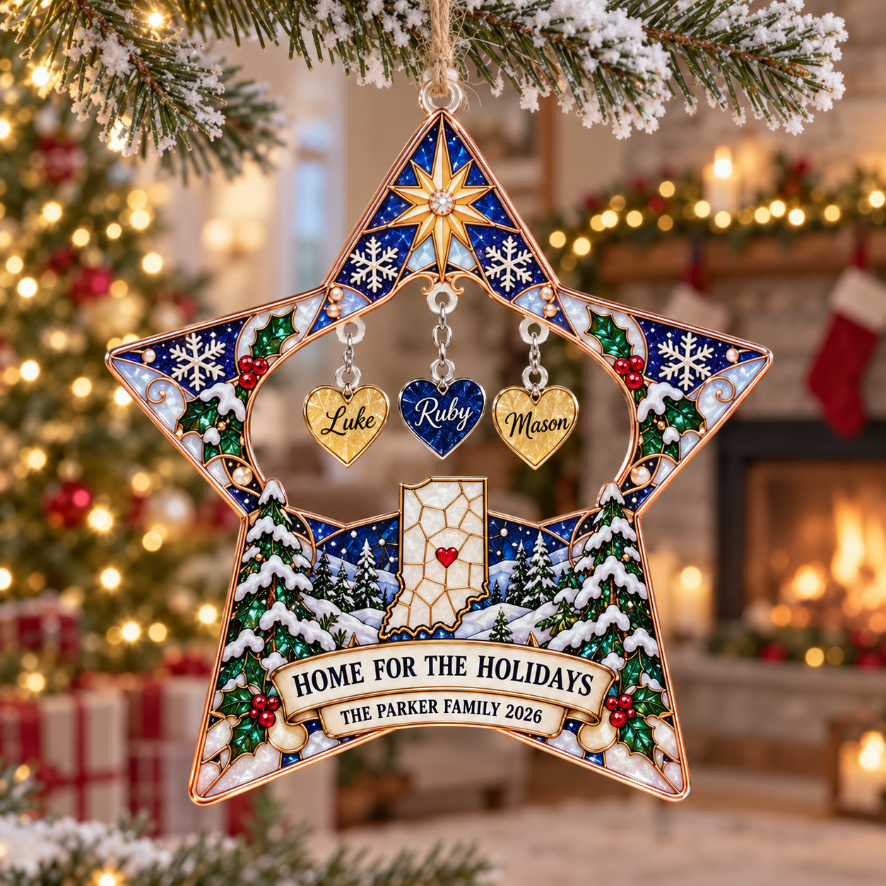 Stained-glass acrylic Christmas ornament with "HOME FOR THE HOLIDAYS" and personalised name charms