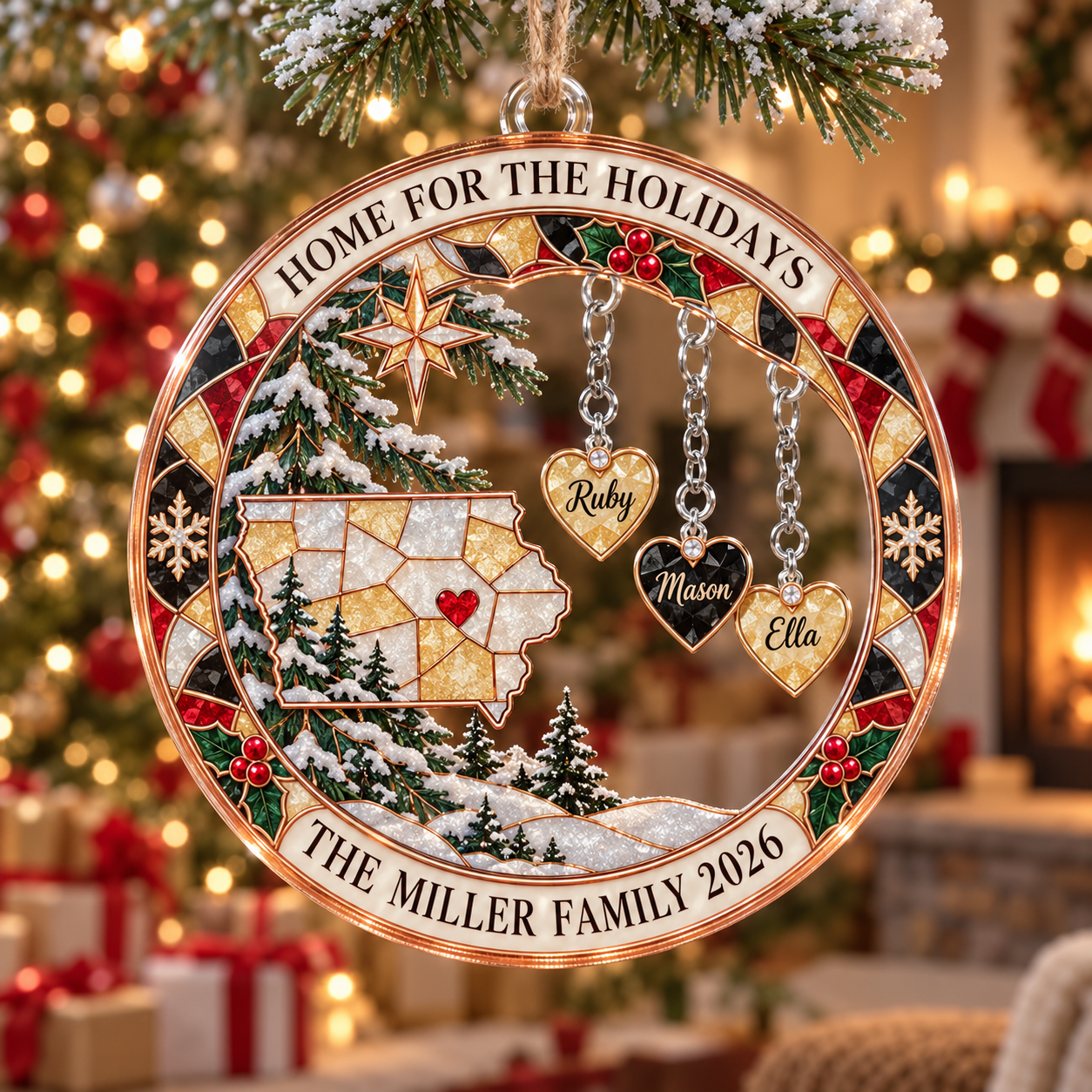 Stained-glass acrylic Christmas ornament with "HOME FOR THE HOLIDAYS" and personalised name charms