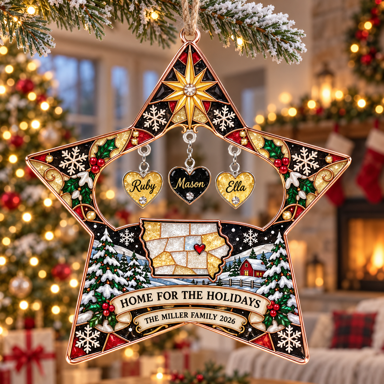 Stained-glass acrylic Christmas ornament with "HOME FOR THE HOLIDAYS" and personalised name charms
