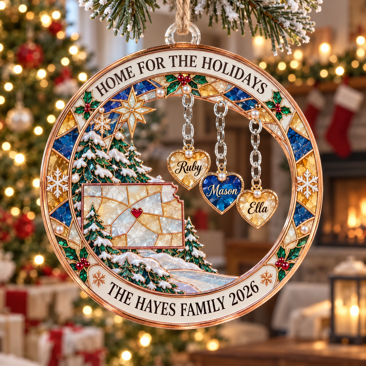Stained-glass acrylic Christmas ornament with "HOME FOR THE HOLIDAYS" and personalised name charms