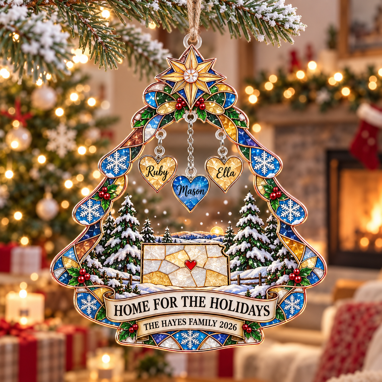 Stained-glass acrylic Christmas ornament with "HOME FOR THE HOLIDAYS" and personalised name charms