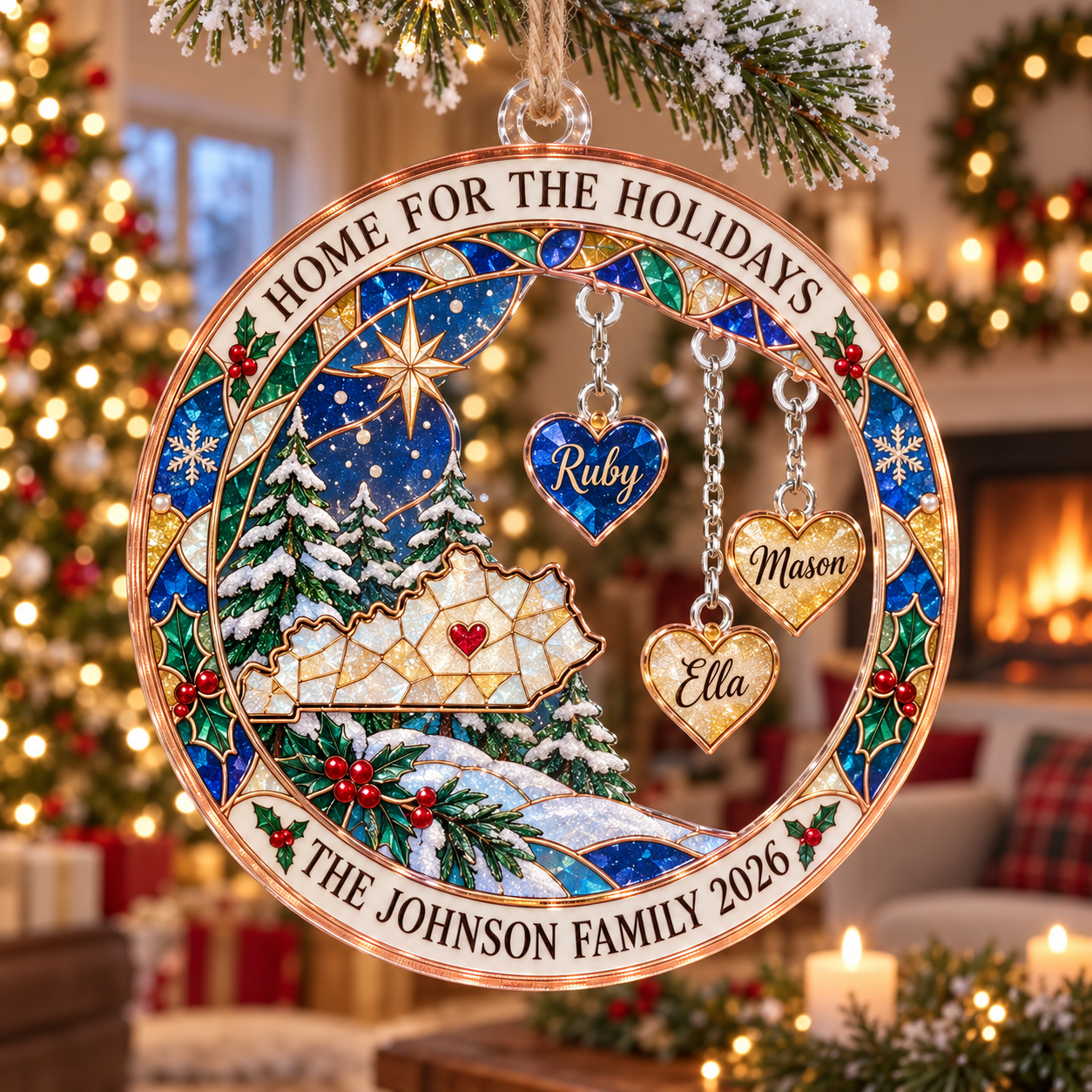 Stained-glass acrylic Christmas ornament with "HOME FOR THE HOLIDAYS" and personalised name charms