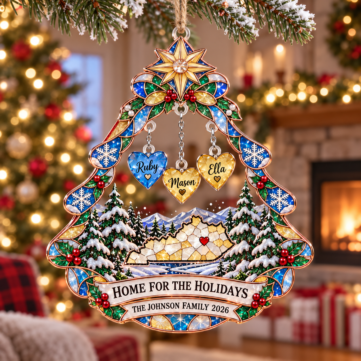 Stained-glass acrylic Christmas ornament with "HOME FOR THE HOLIDAYS" and personalised name charms