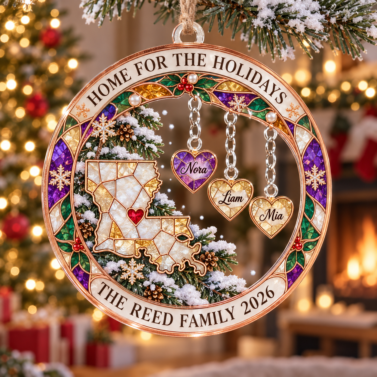Stained-glass acrylic Christmas ornament with "HOME FOR THE HOLIDAYS" and personalised name charms