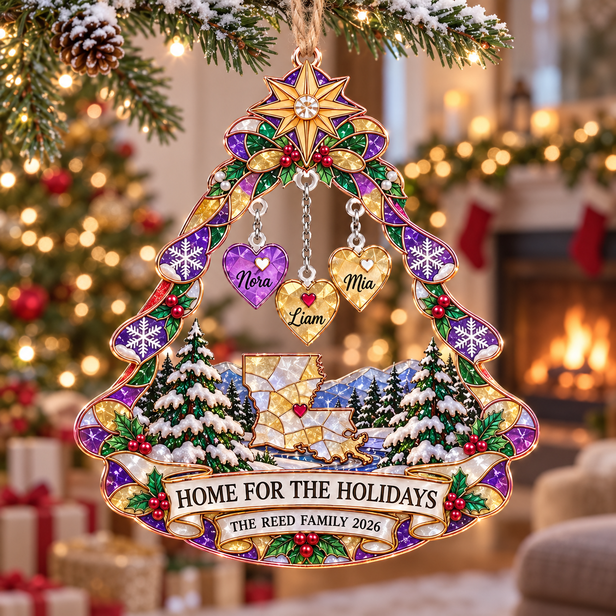 Stained-glass acrylic Christmas ornament with "HOME FOR THE HOLIDAYS" and personalised name charms