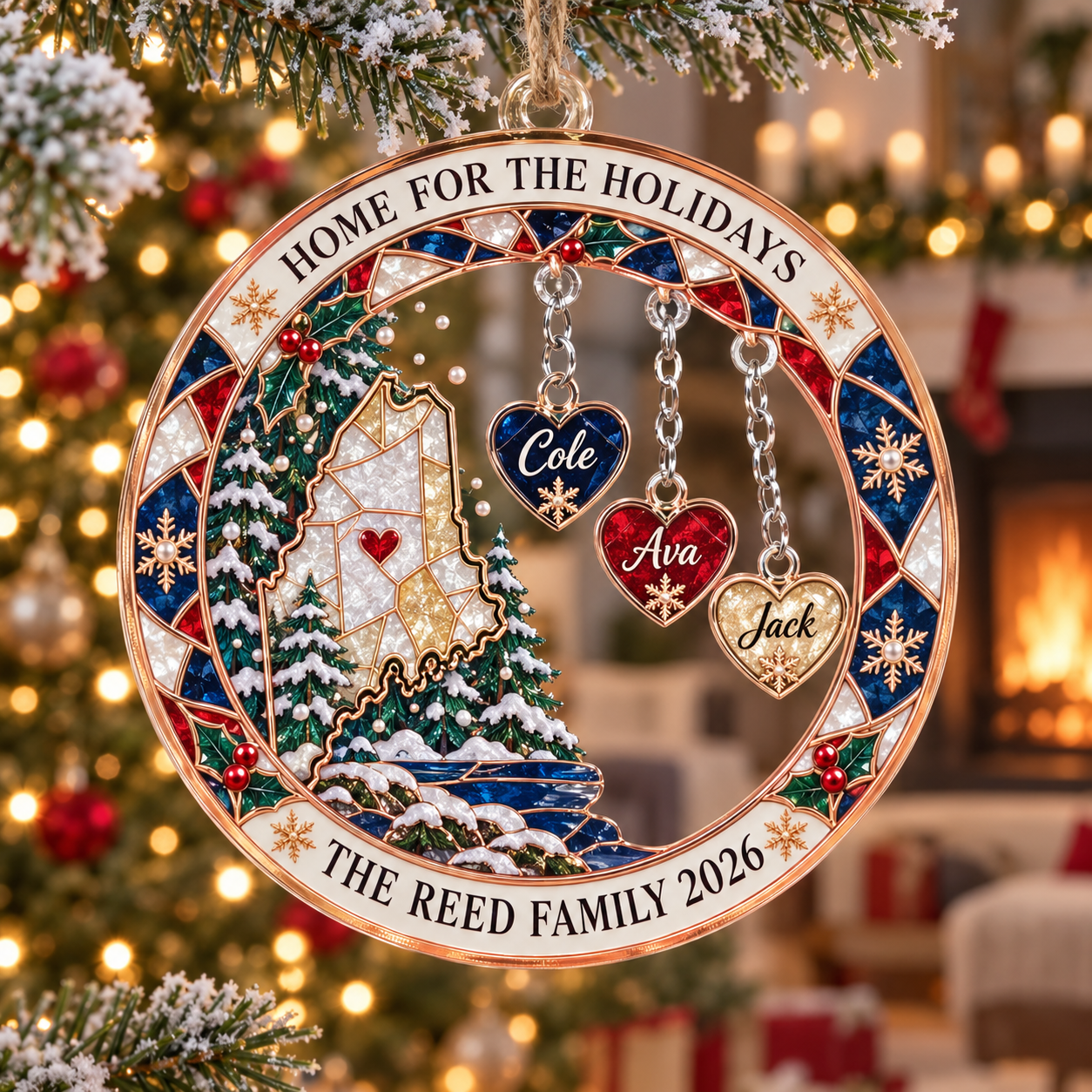 Stained-glass acrylic Christmas ornament with "HOME FOR THE HOLIDAYS" and personalised name charms