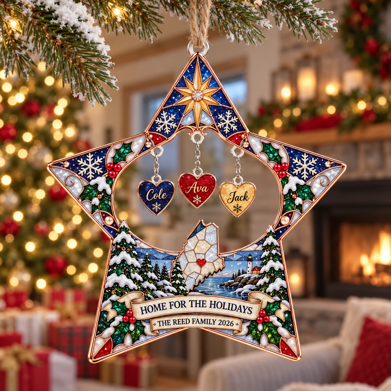 Stained-glass acrylic Christmas ornament with "HOME FOR THE HOLIDAYS" and personalised name charms