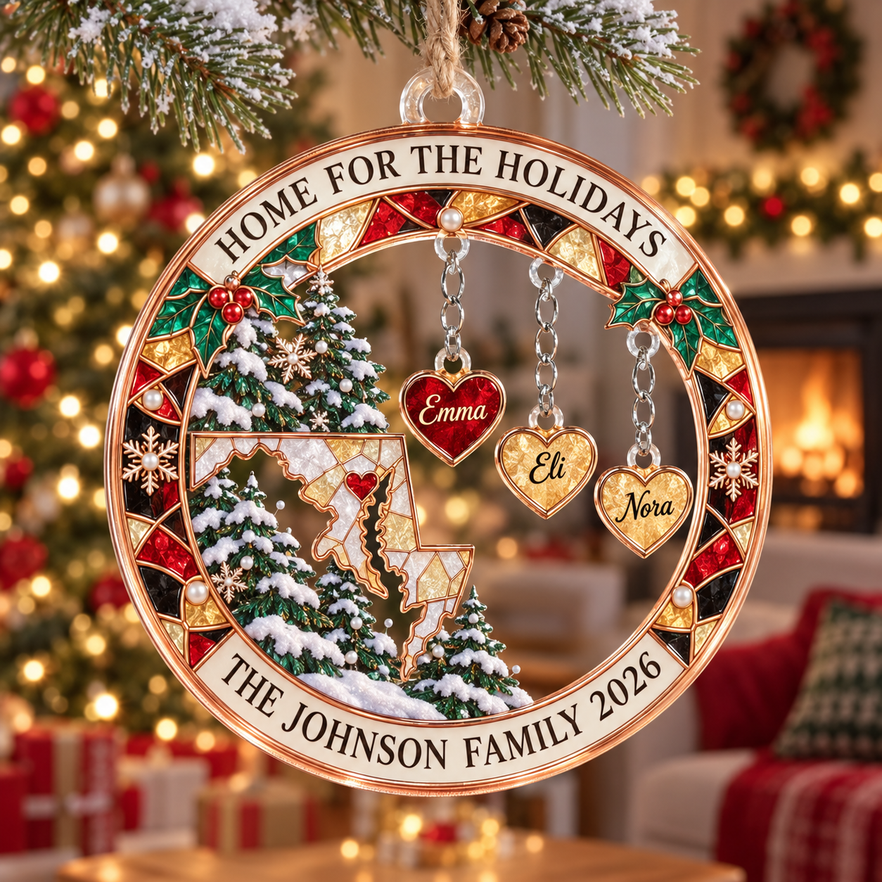 Stained-glass acrylic Christmas ornament with "HOME FOR THE HOLIDAYS" and personalised name charms