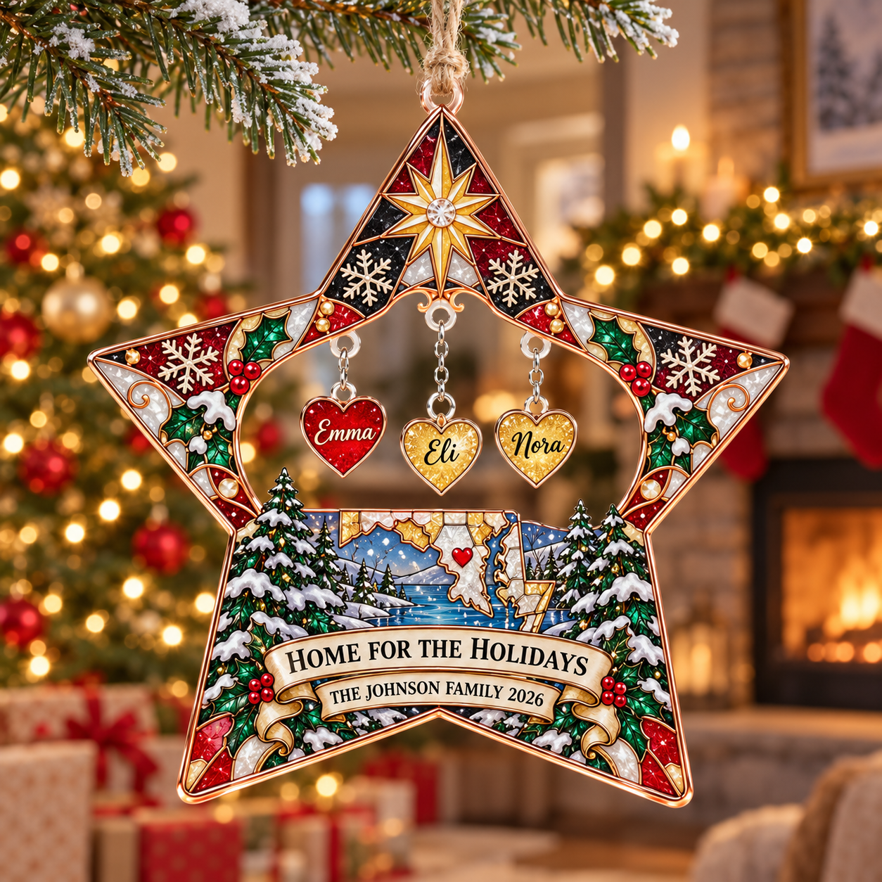 Stained-glass acrylic Christmas ornament with "HOME FOR THE HOLIDAYS" and personalised name charms