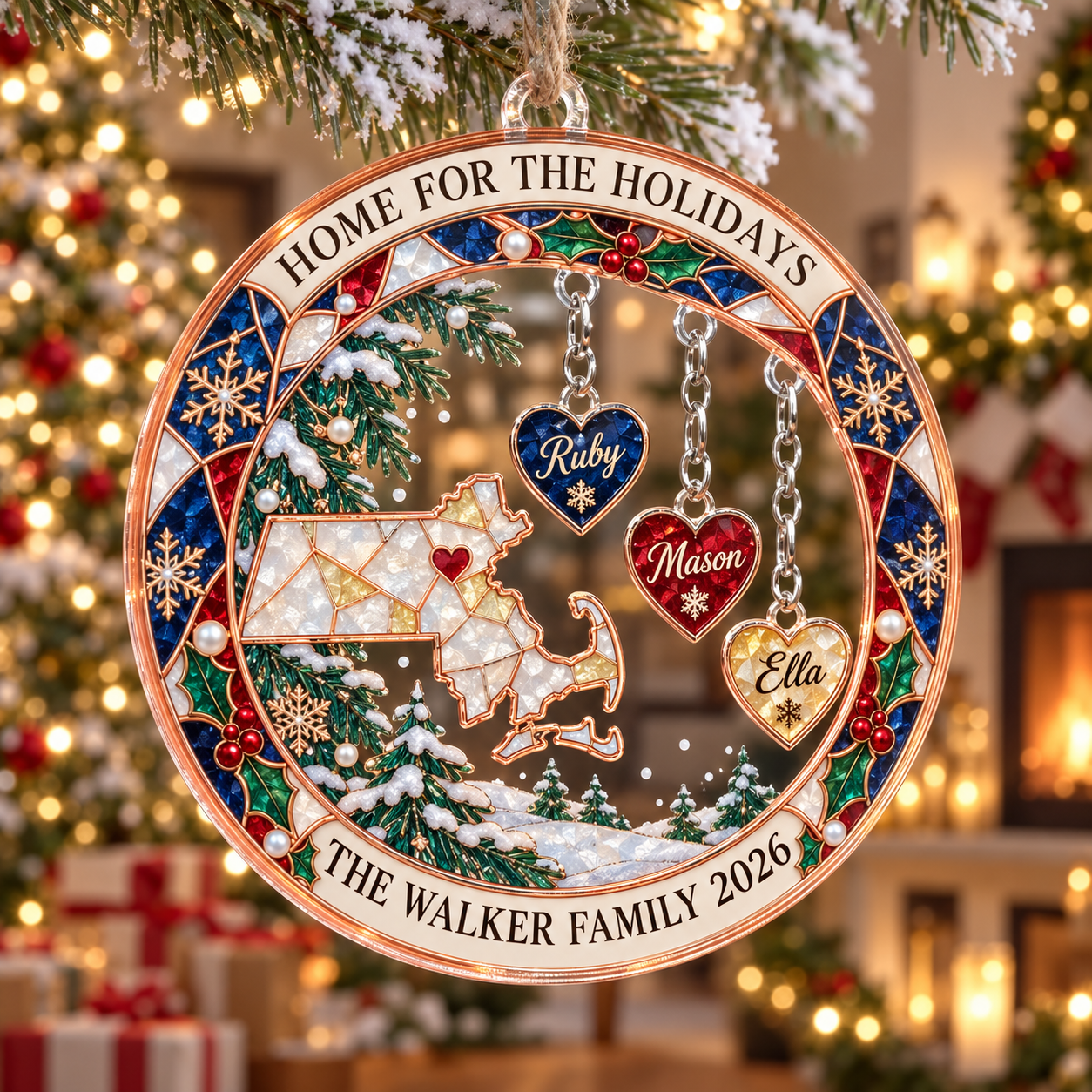 Stained-glass acrylic Christmas ornament with "HOME FOR THE HOLIDAYS" and personalised name charms