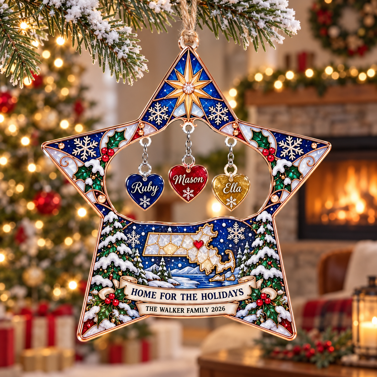 Stained-glass acrylic Christmas ornament with "HOME FOR THE HOLIDAYS" and personalised name charms