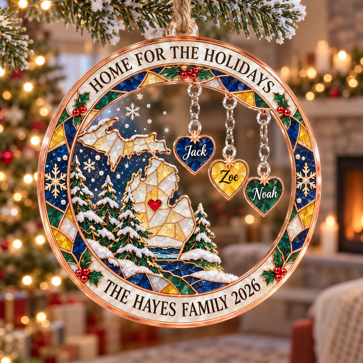 Stained-glass acrylic Christmas ornament with "HOME FOR THE HOLIDAYS" and personalised name charms