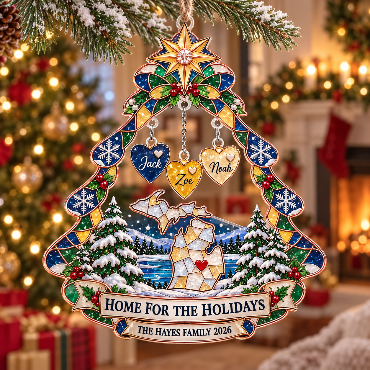 Stained-glass acrylic Christmas ornament with "HOME FOR THE HOLIDAYS" and personalised name charms