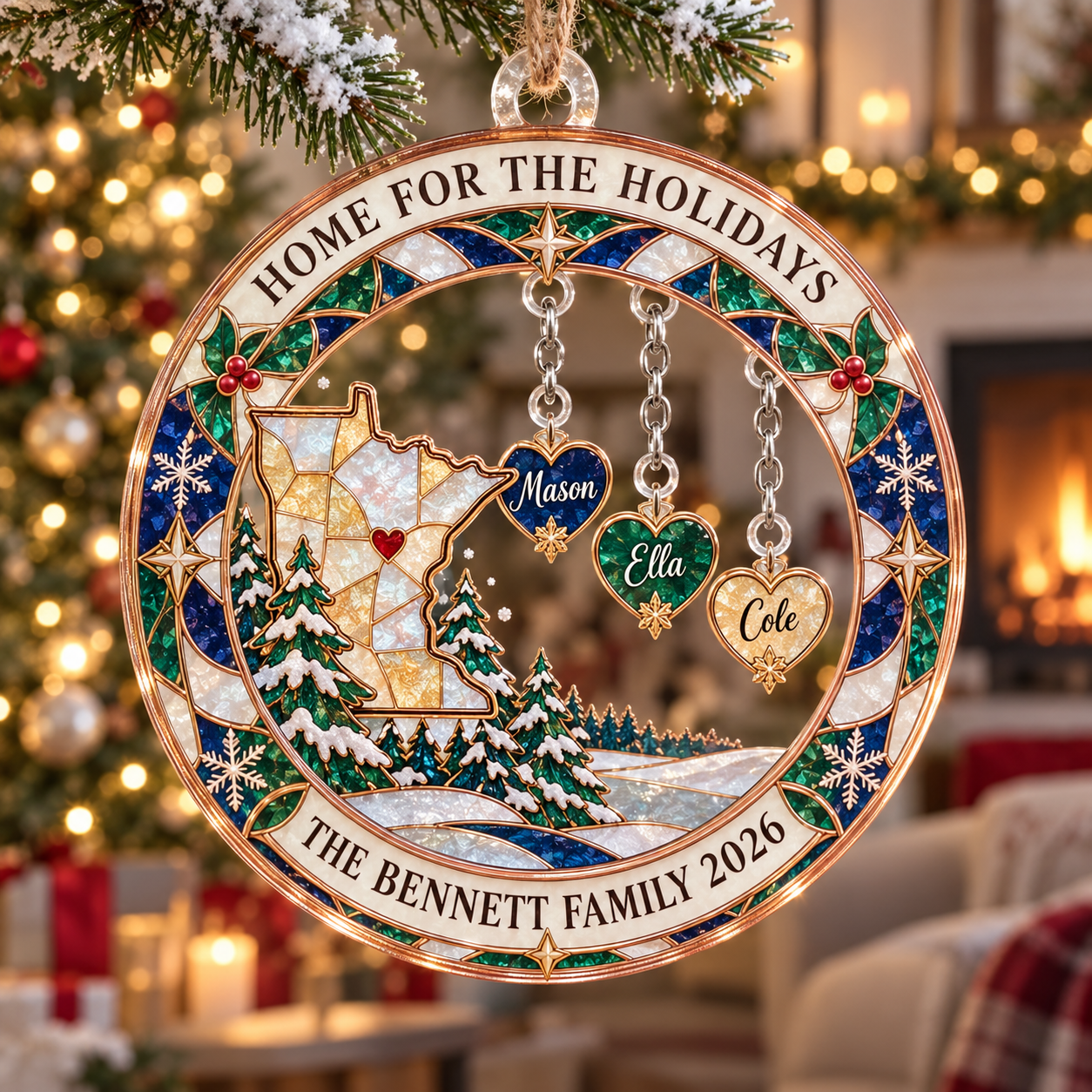 Stained-glass acrylic Christmas ornament with "HOME FOR THE HOLIDAYS" and personalised name charms