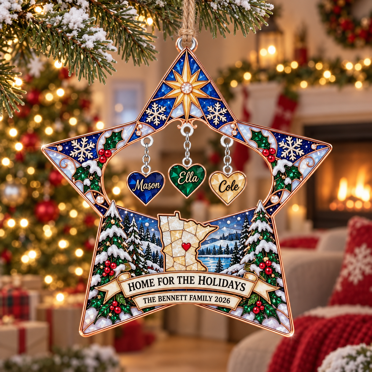 Stained-glass acrylic Christmas ornament with "HOME FOR THE HOLIDAYS" and personalised name charms