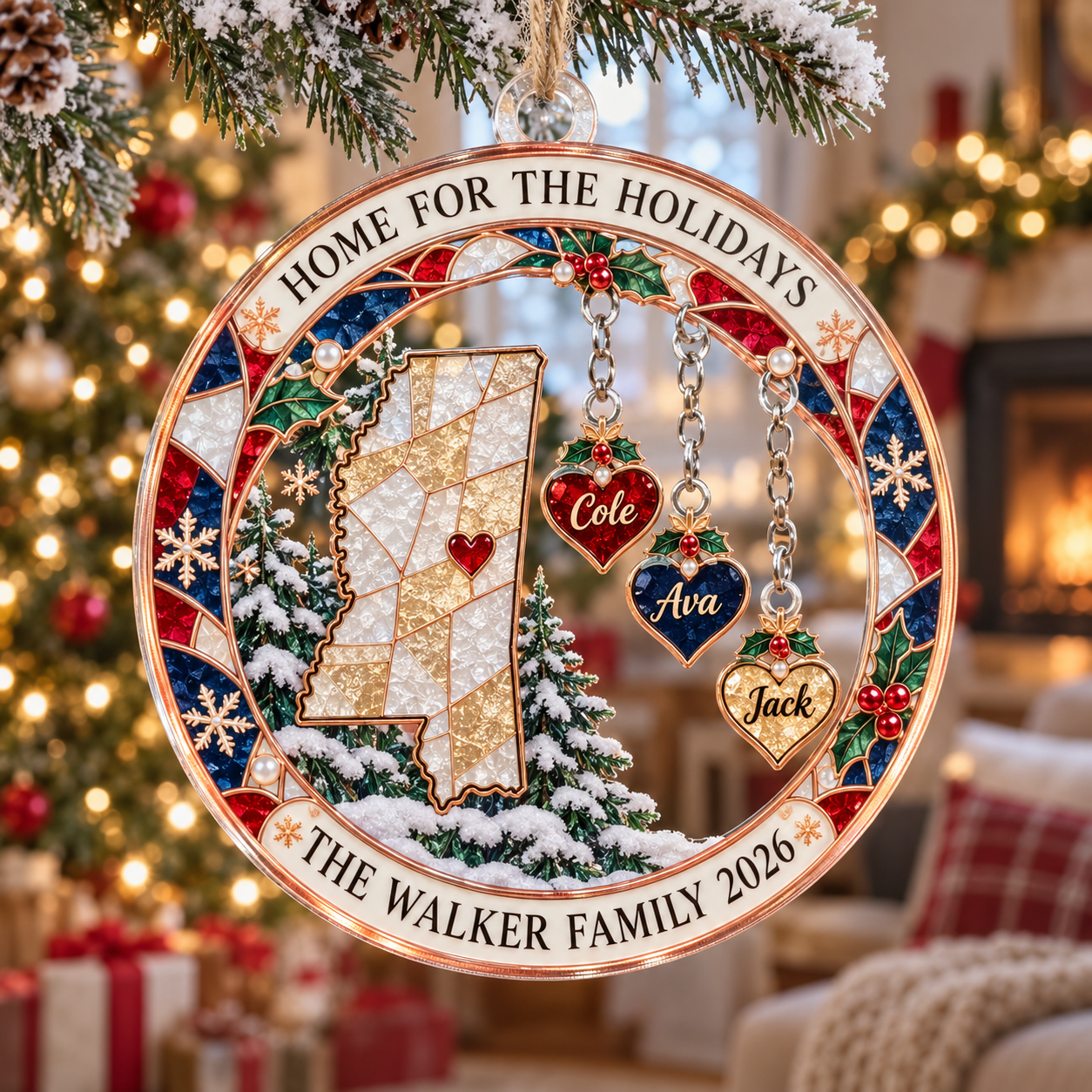 Stained-glass acrylic Christmas ornament with "HOME FOR THE HOLIDAYS" and personalised name charms